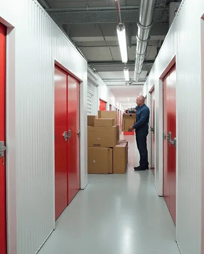 A wide corridor of red self storage units at a Ruby Self Storage facility