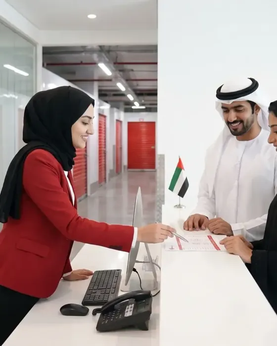 A Ruby Self Storage receptionist guiding a couple at the front desk