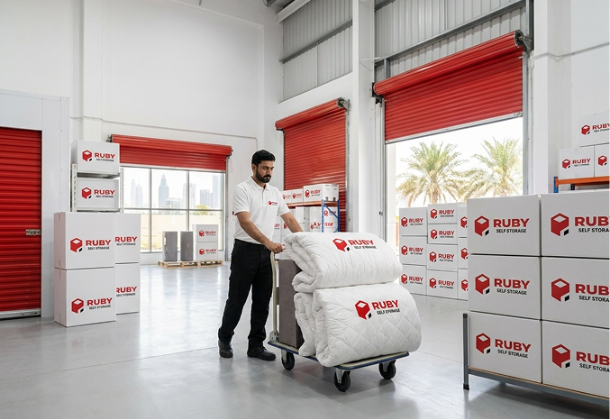 Crew storing bed sheets in ruby furniture self storage