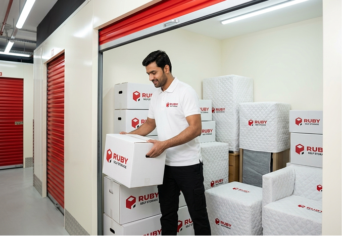 Crew holding a box labelled with ruby self storage